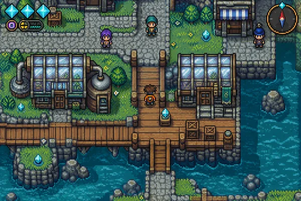 Original demo scene: an orange-coated courier crosses a floating glass-workshop harbor.