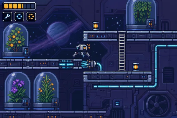 Original demo scene: a three-legged service robot explores an orbital greenhouse.