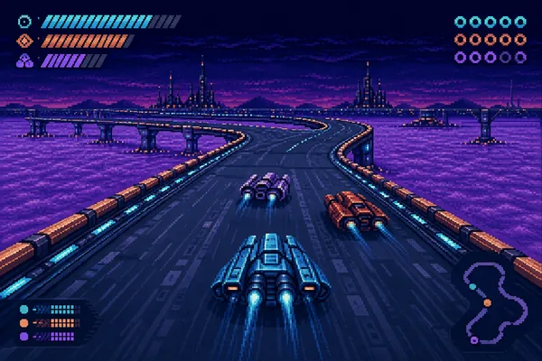 Original demo scene: electric vehicles race above violet salt flats.